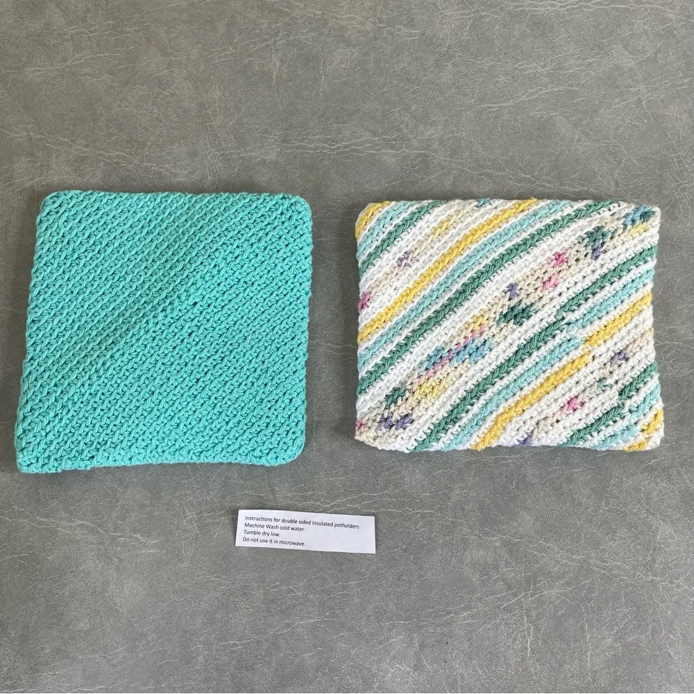 NEW Handmade Knit Potholder Set in Teal and Multicolor
